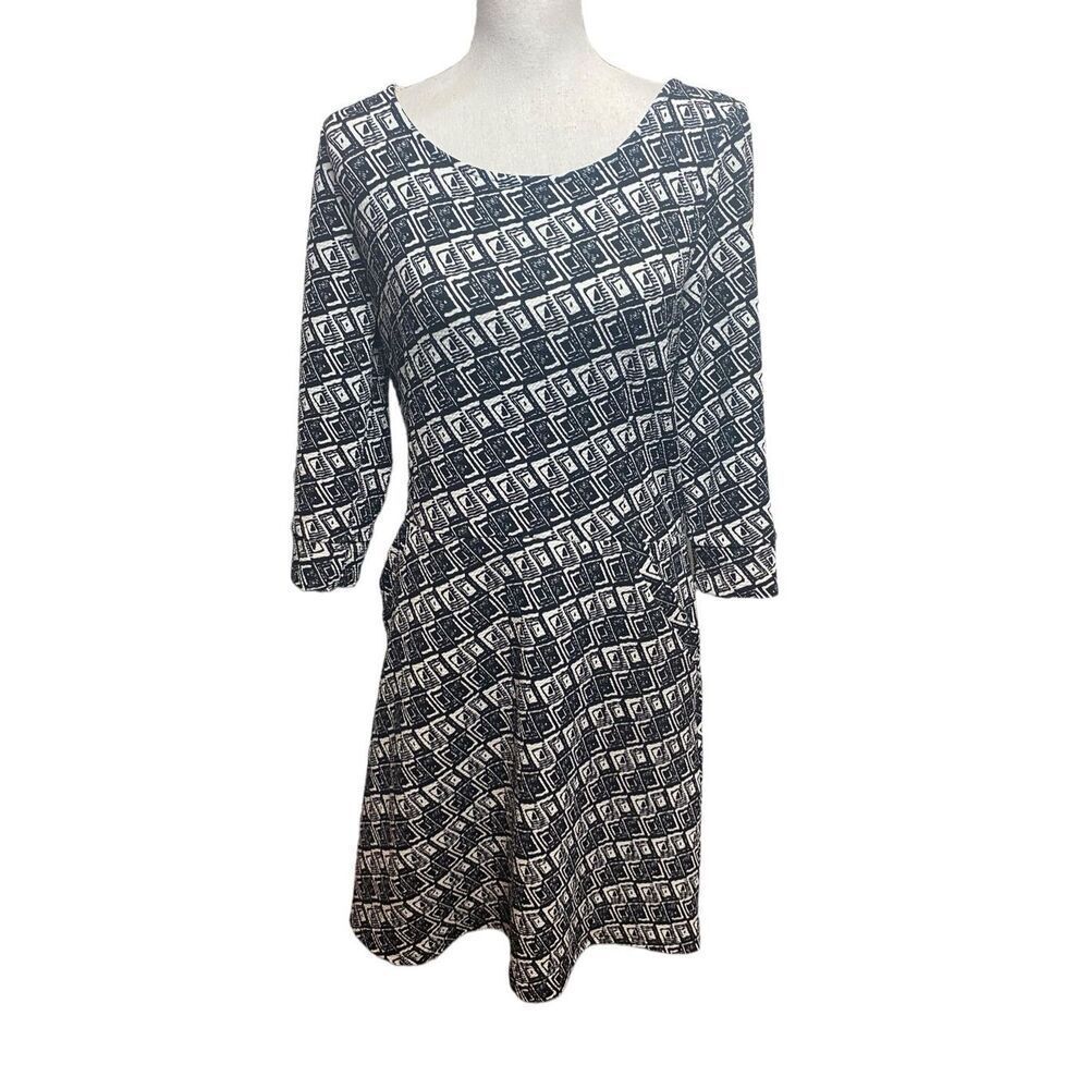 41 Hawthorne Women's Blue White Geometric Pattern Skater Dress Medium